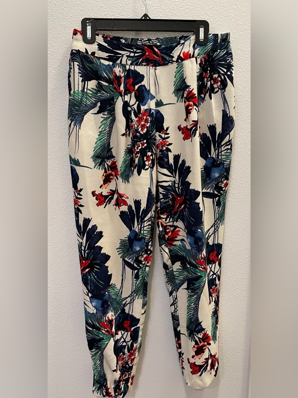 Floral Tropical Print Stretch Pants - Ivory Base with Navy, Green & Red